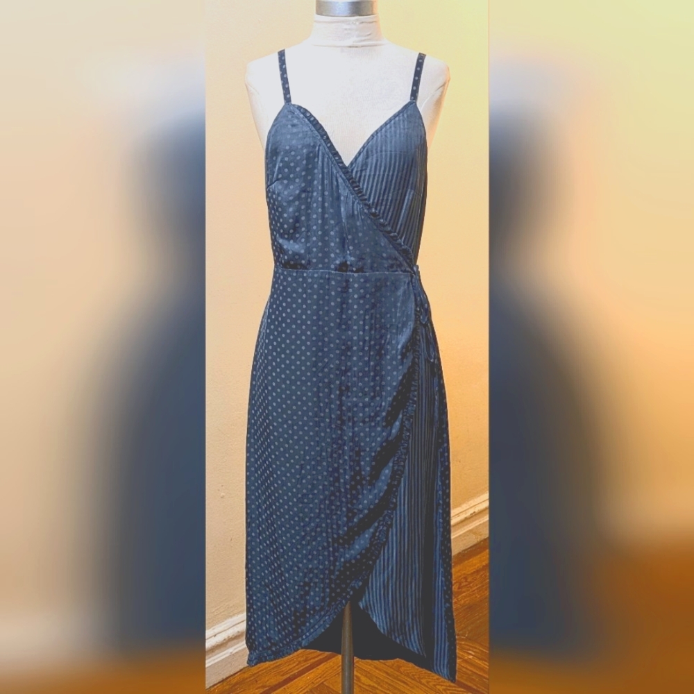 Honey Punch Blue Polka Dot & Stripe Wrap Dress - Size M